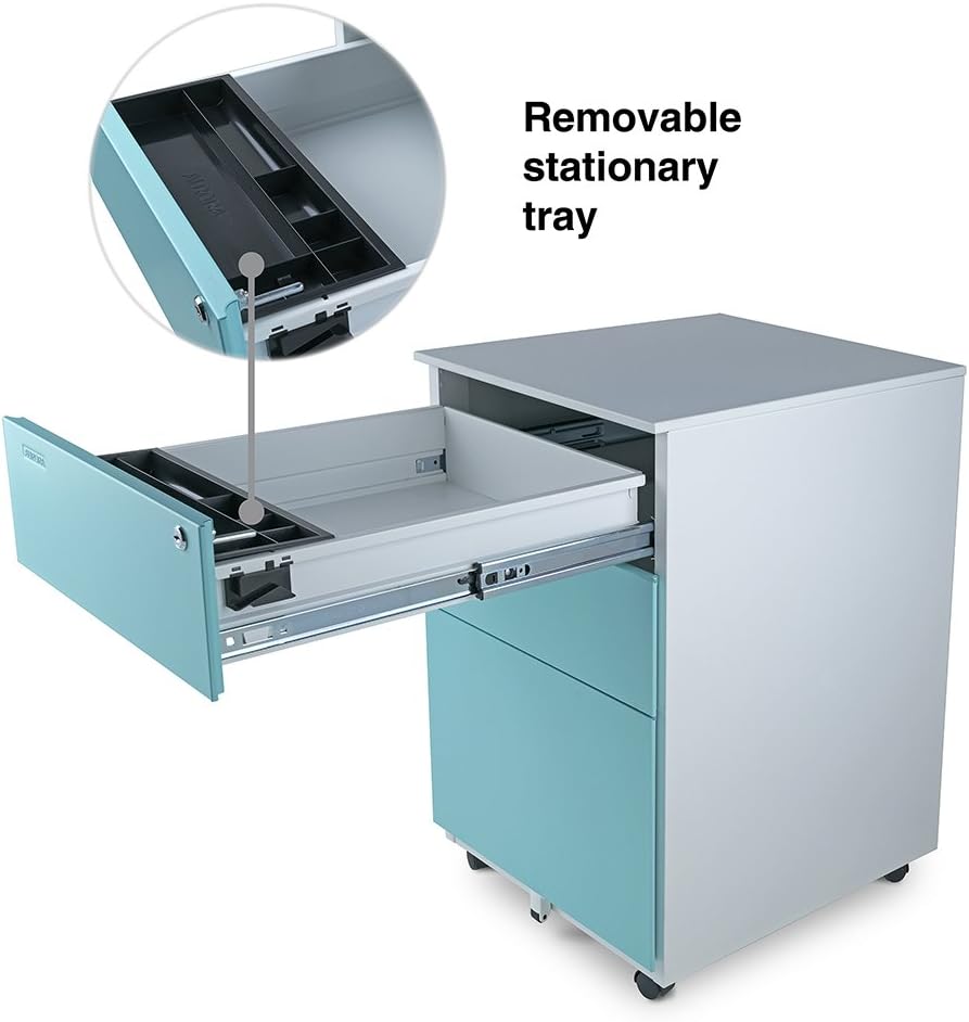 Aurora FC-103BL Fully Assembled Modern Soho Design 3-Drawer Metal Mobile File Cabinet with Lock Key, White/Aqua Blue : Office Products