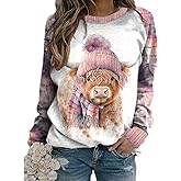 Women's Winter West Highland Cow Plaid Print Sweatshirt Western Highland Cow Shirts for Women
