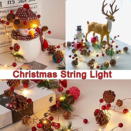 Christmas Pinecone Lights 7 FT 20 LED Battery Operated Red Berry with
