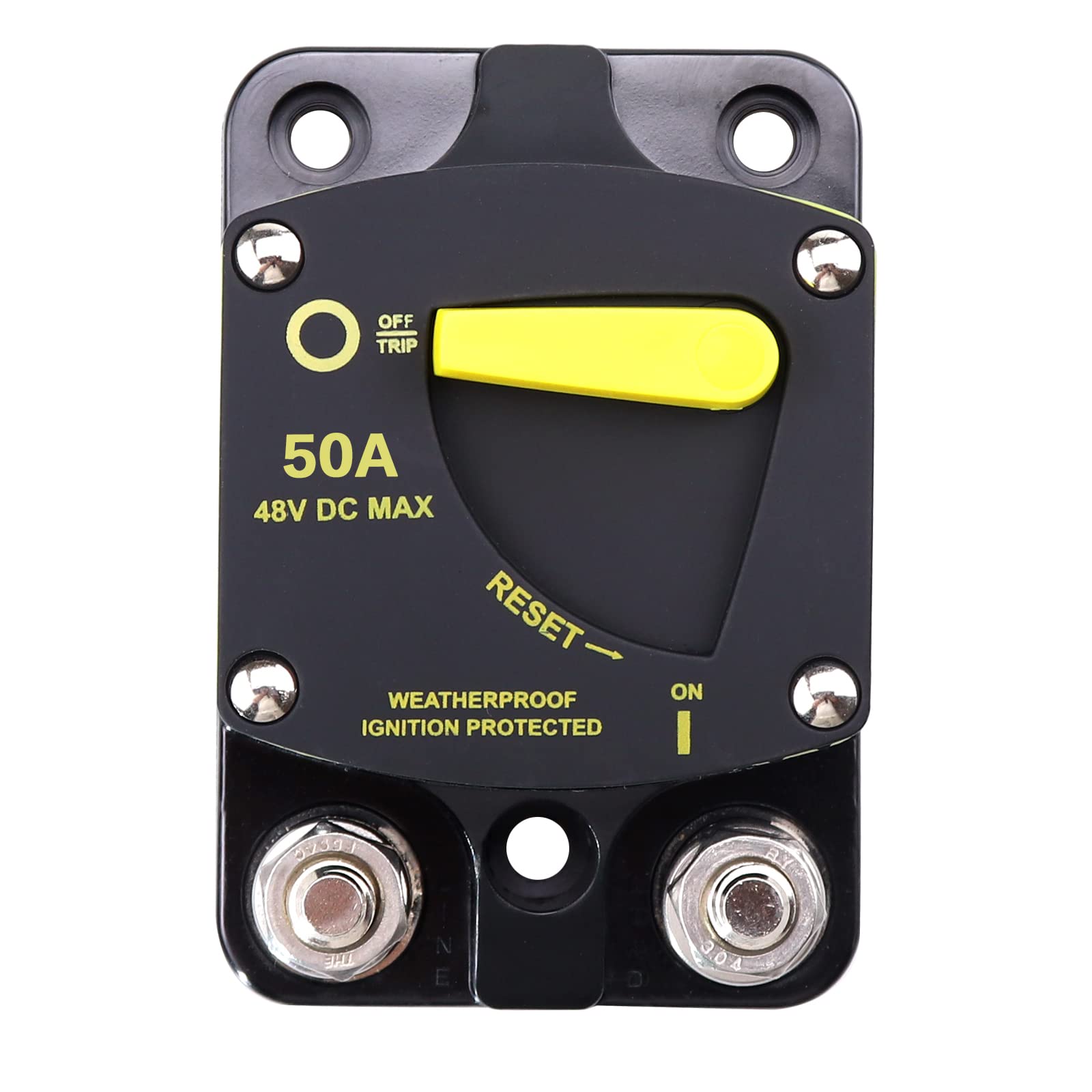 RKURCK 12V - 48V DC 50 Amp Surface Mount & Panel Mount Circuit Breakers with Yellow Manual Reset Button Waterproof 50A