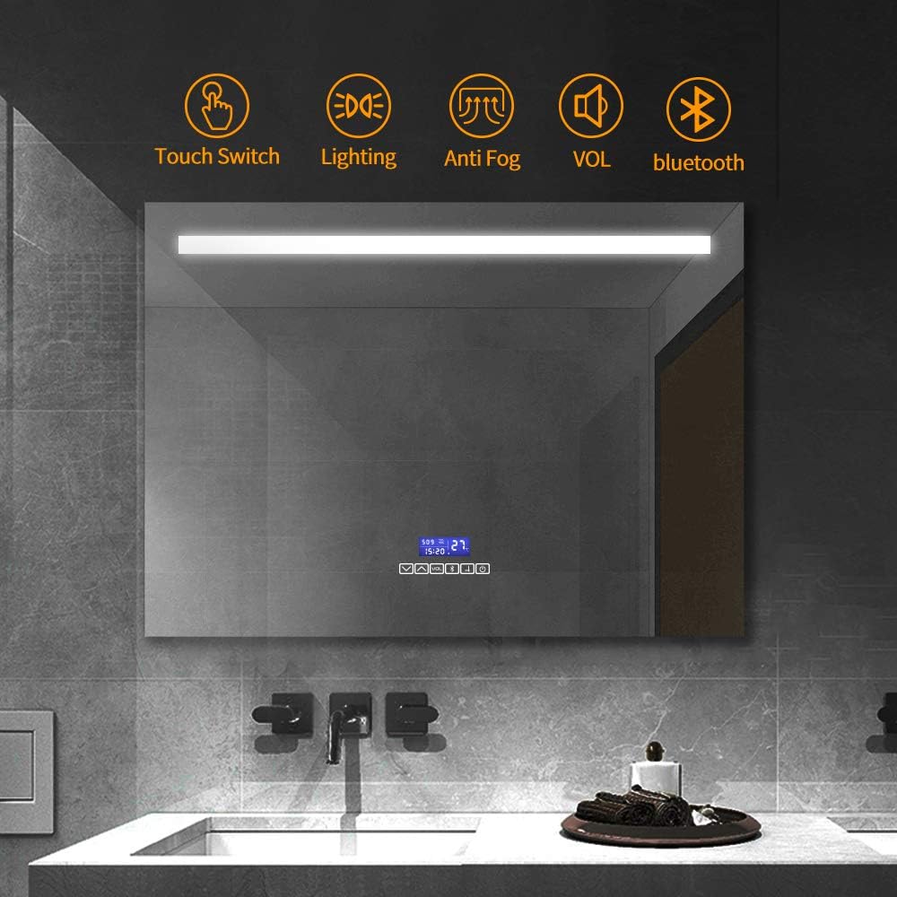 Gatesea Bathroom Wall-Mounted Vanity Mirror Makeup Mirror, Bluetooth LED Lighted Bathroom Mirror, Touch Switch Control Waterproof Mirror for Multipurpose