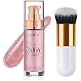 Body Shimmer Oil, Waterproof Long Lasting Moisturizing Bronze Body Luminizer Glow For Face & Body, Liquid Illuminator Body Highlighter 1oz/Jars, Makeup Brush Include (Sparkle Pink #04)