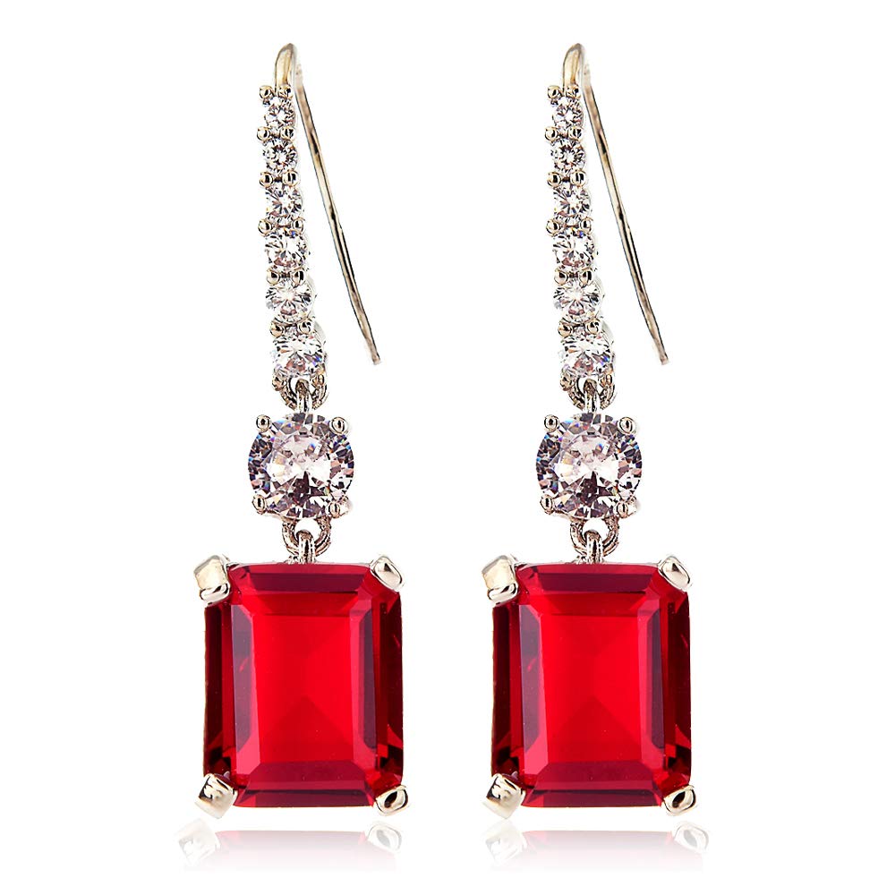 [RIZILIA CLASSIC] Dangle Drop Pierced Hook Earrings with Emerald Cut Gemstones CZ [Red Ruby] in 18K White Gold Plated, Simple Modern Elegant