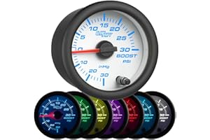 GlowShift White 7 Color 30 PSI Turbo Boost/Vacuum Gauge Kit - Includes Mechanical Hose, T-Fitting & Wiring - Multi-Color Disp