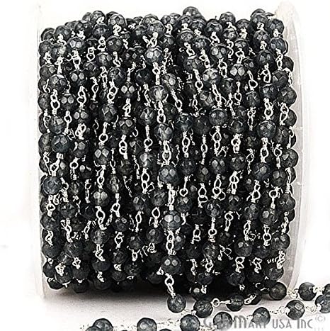 3 Feet Dark Gray Jade, 4mm Silver Plated wire wrapped Rosary Chain for Making Jewelry (SPDG-30017)