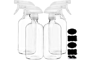 HOMERIES Clear Glass Spray Bottles For Cleaning Solutions (4 Pack) - 16 Ounce, Refillable & Reusable Sprayer for Essential Oil, Water, Kitchen, Hair. Durable Black Trigger Sprayer w/Mist and Stream Settings