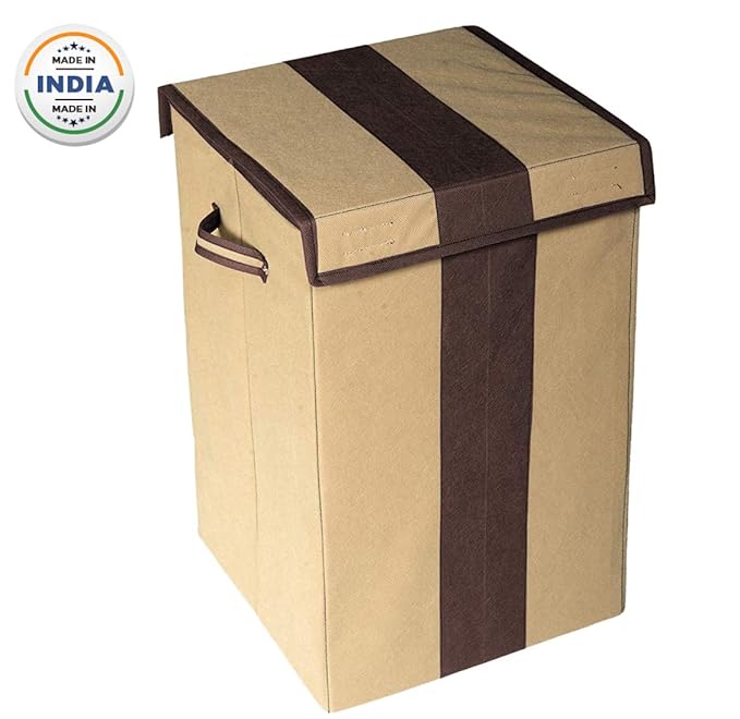 HomeStrap Foldable Laundry Bag/Bin Cum Basket with Lid (Beige & Brown)