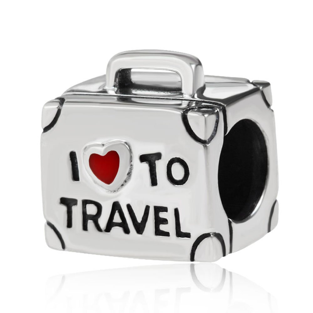 925 Sterling Silver I Love to Travel Charm Suitcase Charm Love Charm Heart Bag Charm Anniversary Charm for Pandora Charm Bracelet