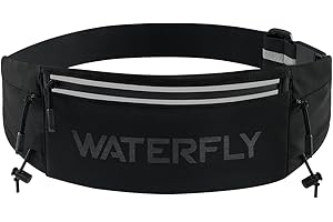 WATERFLY Running Belt Fanny Pack: Breathable 3 Pocket Waist Bag for Men Women Workout Exercise Fitness Phone Holder Fits All Phones - Runner Marathon Jogging Race Belt with Bib Clip Black
