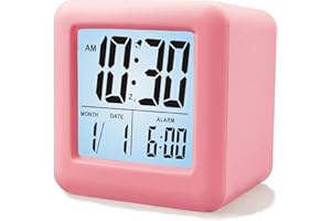Plumeet Digital Alarm Clock Kids Clock with Snooze and White Nightlight - Easy Setting Travel Alarm Clocks Display Time, Date, Alarm - Ascending Sound - Battery Powered (Baby Pink)