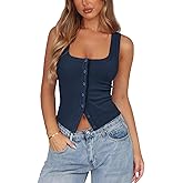 Pungdra Womens Ribbed Button Down Tank Tops for Women Trendy Knit Fitted Button Up Crop Vest Square Neck Cute Going Out Top