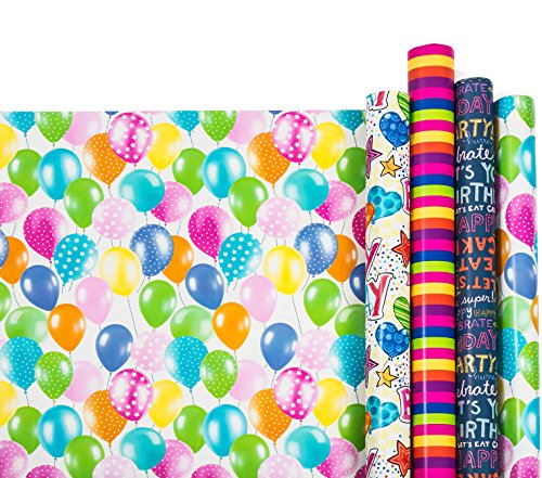 Birthday Wrapping Paper - Gift Wrapping Paper - Premium Quality Gift Wrap Paper - 2.5 FT x 10 FT Per Roll, Includes 7 Bows and 2 Ribbons - Thumbnail 2