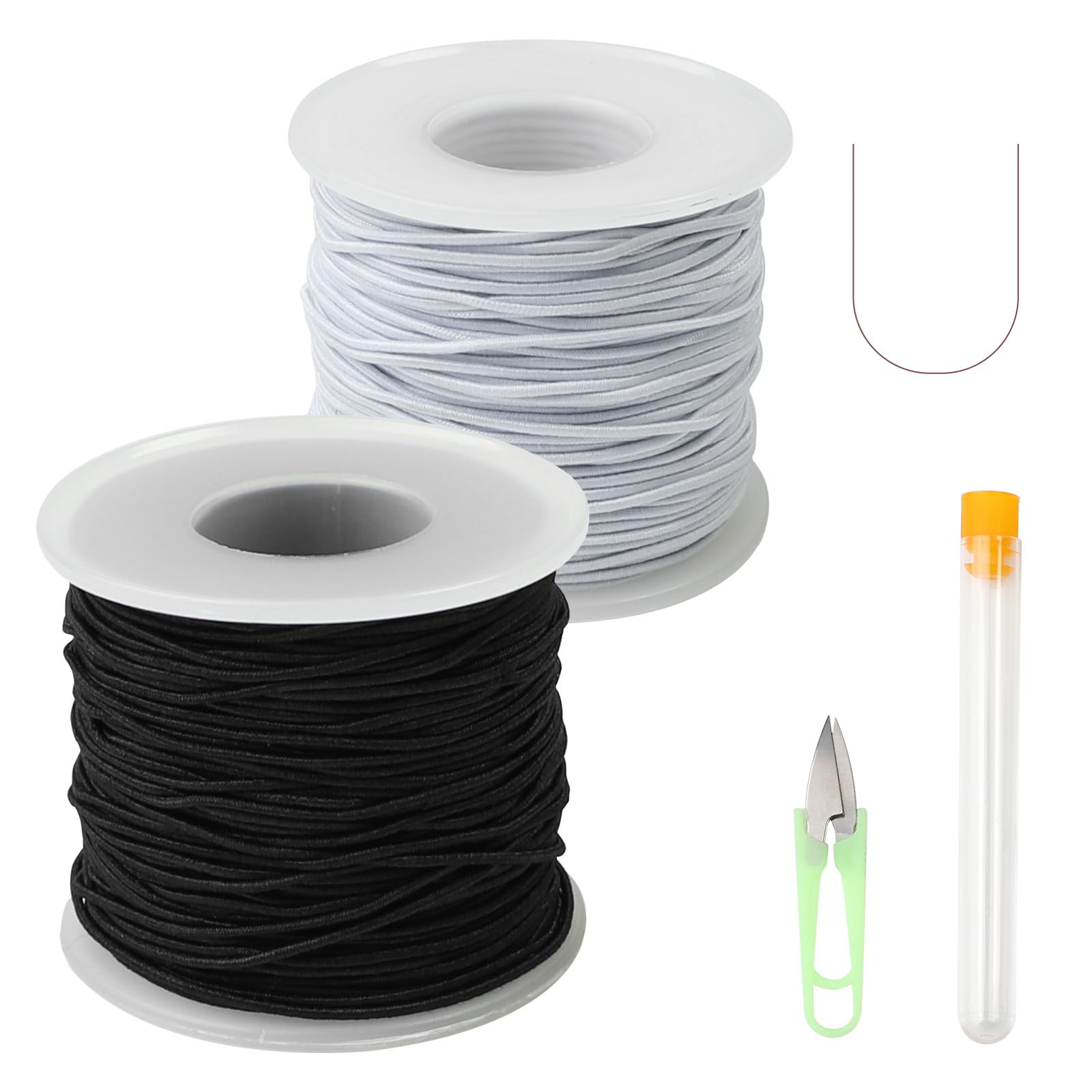 2 Rolls Elastic Cord 1mm x 50M, Black & White Round Hat Elastic With scissors and leads, Beading and Crafting Elastic Cord, Beaded Nylon Cord Stretchy Cord for Bracelet Jewelry Making