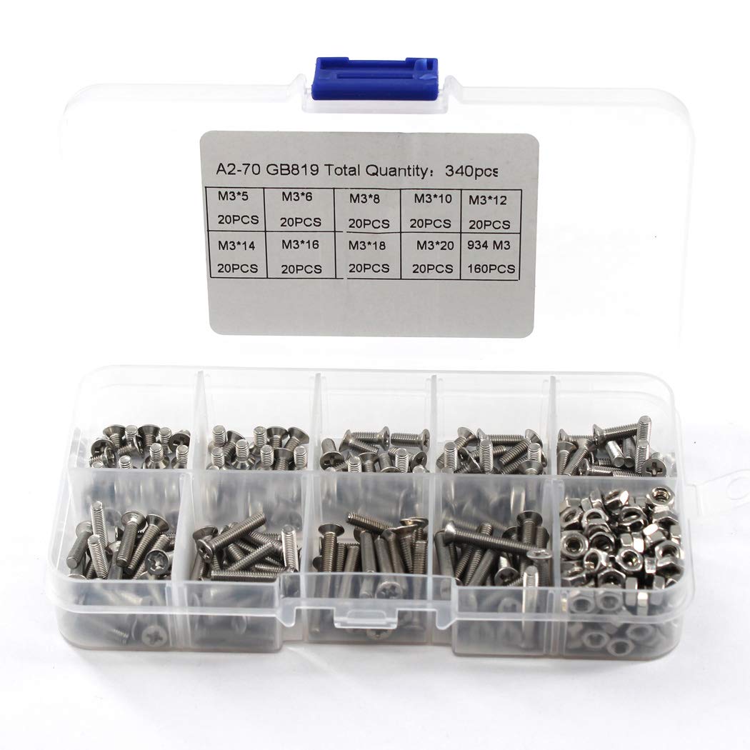 340 PCS M3 304 Stainless Steel Cross Recessed Countersunk Flat Head Screws Hex Socket Nut Assortment Kit