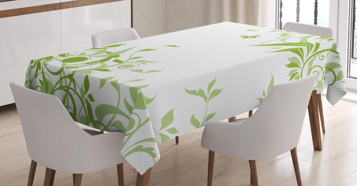 ABAKUHAUS Green Tablecloth, Spring Time Theme with Victorian Design Branches Butterfly, Dining Room Kitchen Table Cover, 54" x 78", Light green