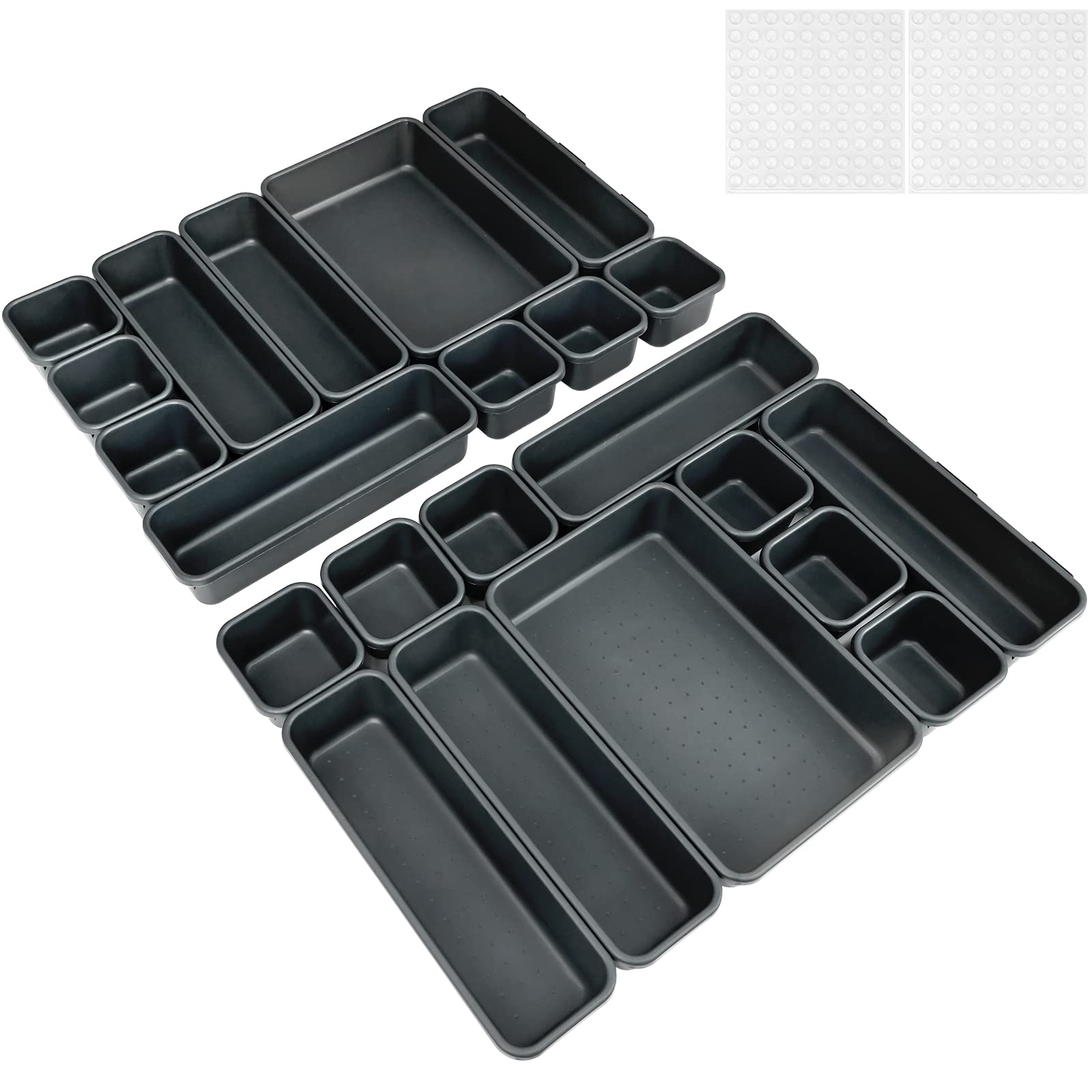 22PCS Interlocking Desk Drawer Organiser Separator Make Up Drawer Organiser Tray 3 Sizes Plastic Drawer Dividers Tidy for Office, Bathroom, Kitchen, Makeup, Stationery with 80 Non-slip Silicon Pads