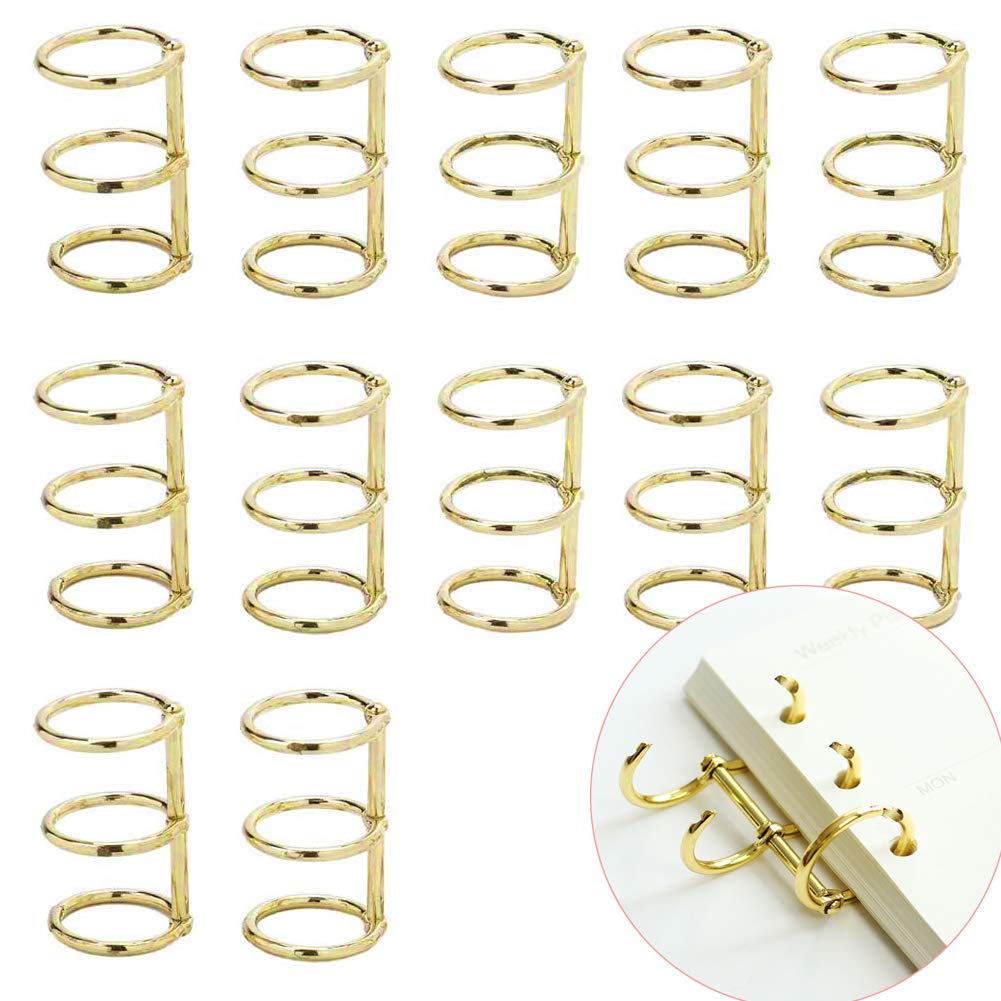 Luckycivia 12 Pcs Gold Book Rings, 3 Holes Metal Loose Leaf Binder Rings, Ring Snap Split Hinged for Notebook Diary Photo Album Binding