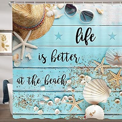 JAWO Rustic Wood Shower Curtain, Life is Better at The Beach on Blue Teal Wooden Seashell Starfish Coastal Shower… 61TwPcc%2BQdL