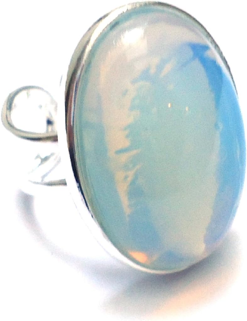 Large Silver Plated Adjustable Ring with Opalite Stone Setting