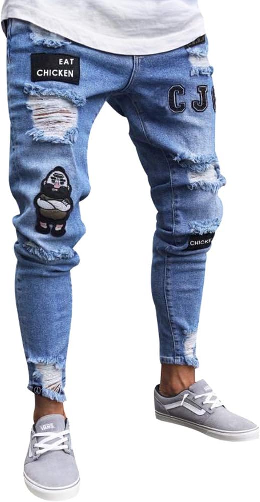 Men's Hiphop Streetwear Jeans Ripped Stretch Zipper Trousers Distressed Holes Denim Sizes S-3Xl