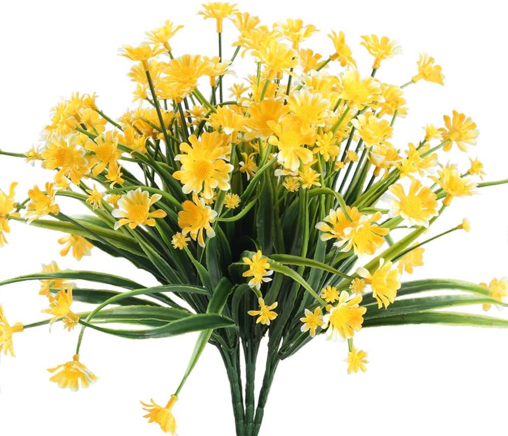 NAHUAA 4Pcs Artificial Plants Outdoor Yellow Plastic Daffodils Flowers Realistic Spring Bushes Indoor UV Resistant Hanging Basket Planter Vase Pot Cemetery Decor Summer