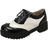 Agodor Wingtip Oxford Shoes Lace up Low Chunky Heels Brogues Retro Round Toe Platform Oxford Shoes for Women (US 8.5, PU White)