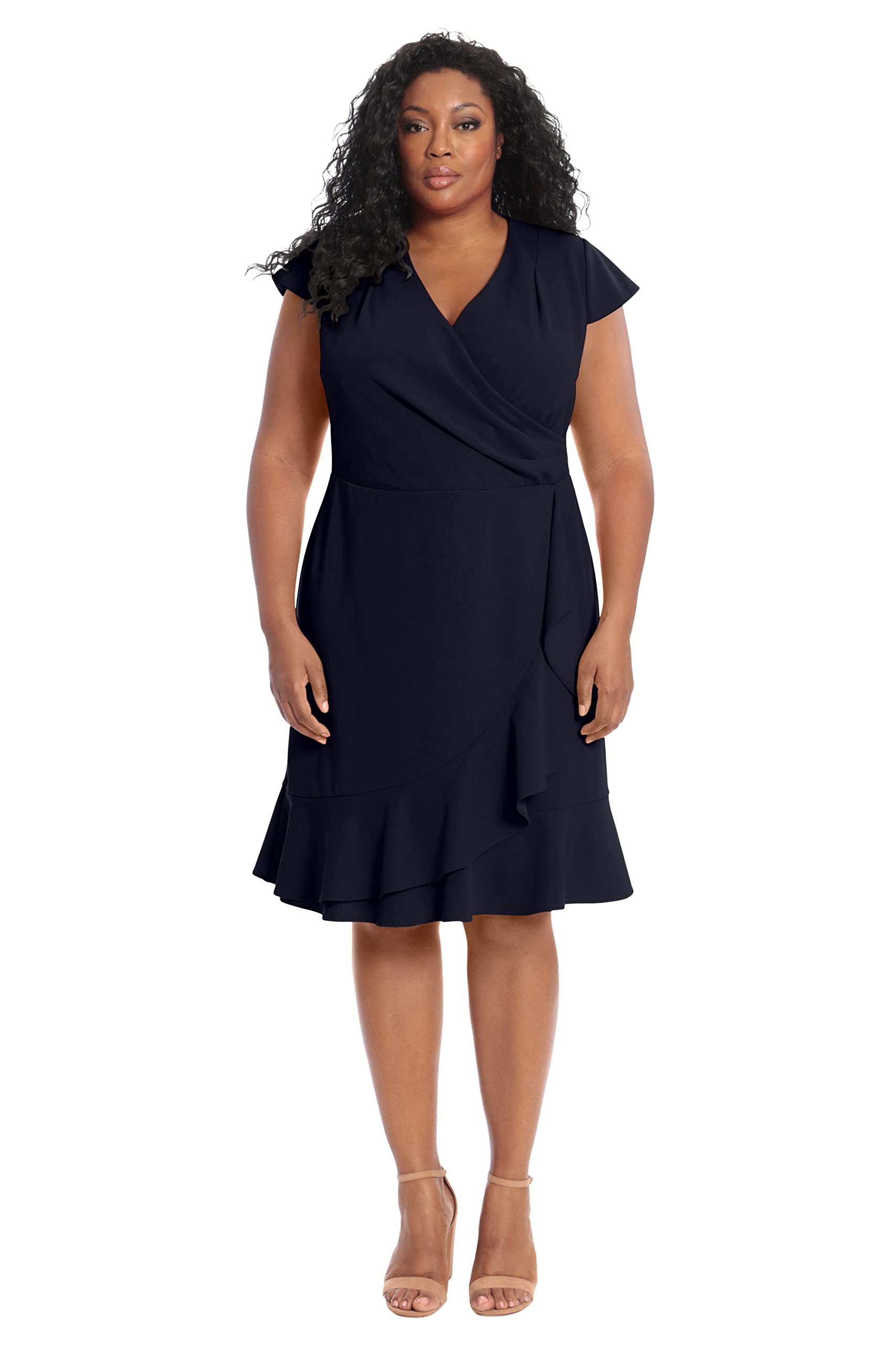 London Times Women’s Feminine Ageless Surplice V-Neck Faux Wrap Ruffle Dress Office Event Shower Guest of, Twilight Navy