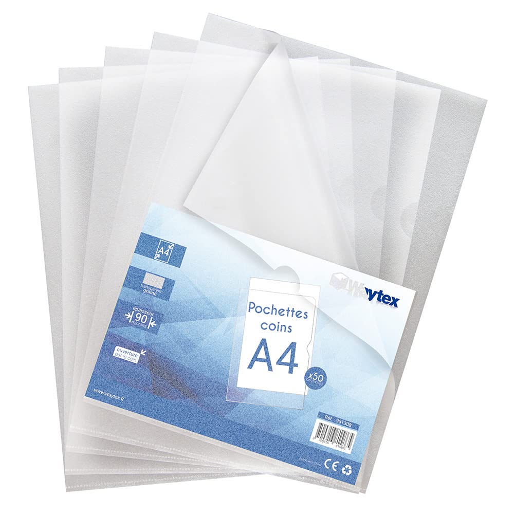 Waytex 931308 Clear A4 Grained 90 Micron Corner Wallet - Pack of 50