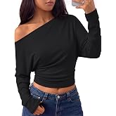 Trendy Queen Off the Shoulder Tops for Women Cinched Waist Shirts 2026 Fall | Asymmetrical Wrap Long Sleeve Shirts for Women, Fall fashion Outfits, Casual Cute Blouses Y2k Clothes, Going Out Crop Tops
