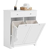 SoBuy Laundry Cabinet Tilt-Out Laundry Hamper with 2 Removable Baskets,Double Drawers and Doors for Bathroom,Laundry Room, Ga