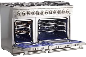 FORNO Capriasca Dual Fuel 48" Inch. Freestanding Range 8 Sealed Brass Burners Cooktop - 6.58 Cu. Ft. Double Convection Electric Oven - Stainless Steel Stove Range Heavy Duty Cast Iron Grates