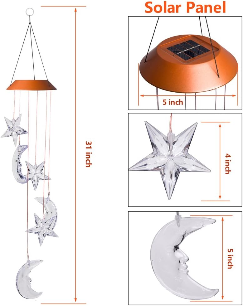 LED Solar Moon and Star Wind Chimes Outdoor - Waterproof Solar Mobile Romantic Changing Color Stars and Moon Wind Chimes Light Decor for Home, Gifts For Mom, Balcony, Festival, Night Garden Decoration : Garden & Outdoor