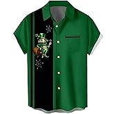 Mens 2026 ST Patricks Day Shirts Clover ST Pattys Day Funny Hat Dwarf Green Printed Short Sleeve Button Down Shirt