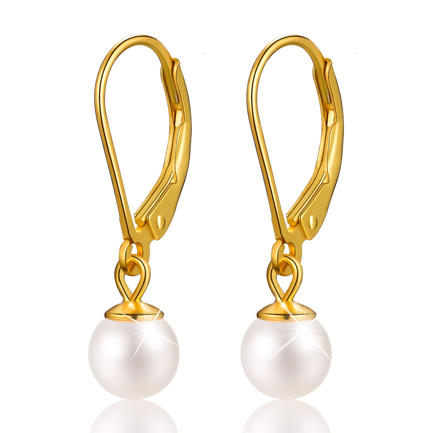 Gift for Christmas Esberry 18K Gold Plating 925 Sterling Silver Pearl Earrings Handpicked White Shell Pearl Drop Earrings Jewelry for Women and Girls (yellow-gold-plated-base, 6.0mm)