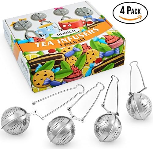 4 Pack Gift Set Tea Infuser with Long Handle for Loose Leaf Tea - Cup, Mug, Tea Pot, Pitcher by Hohich - Strainer, Mesh Ball Steeper &amp; Stainless Steel Filter, Pincer, Tea Maker, Tong