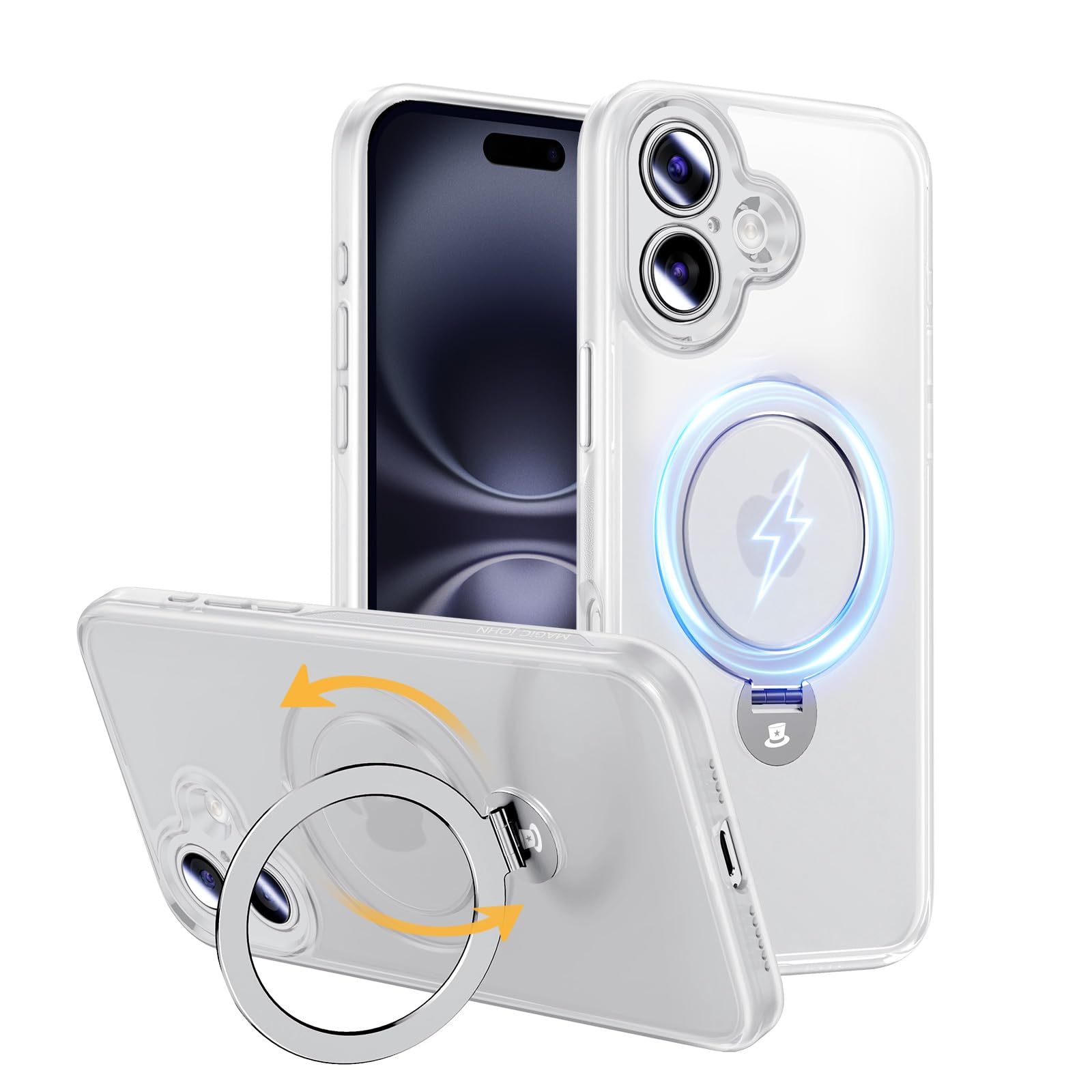 MAGIC JOHN for iPhone 16 Plus Case [Compatible with Magsafe] [with Magnetic Metal Stand][Military Grade Shockproof][Anti Yellowing],Translucent Matte Back with Soft Edge, White