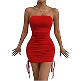 WDIRARA Women's Ruched Strapless Bodycon Mini Dress Sexy Drawstring Side Tube Dresses