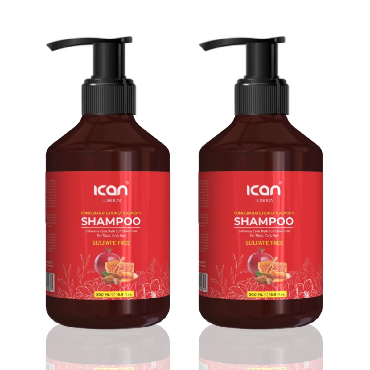 Ican London Pomegranate, Honey & Almond Sulphate-Free Shampoo for Thick Curly Hair, 500ml, Pack of 2