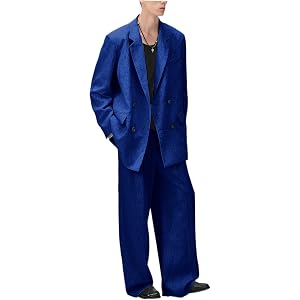 Men's Linen Cotton 2 Piece Suit Double Breasted Blazer Wide Leg Pants Set Loose Fit for Business Casual