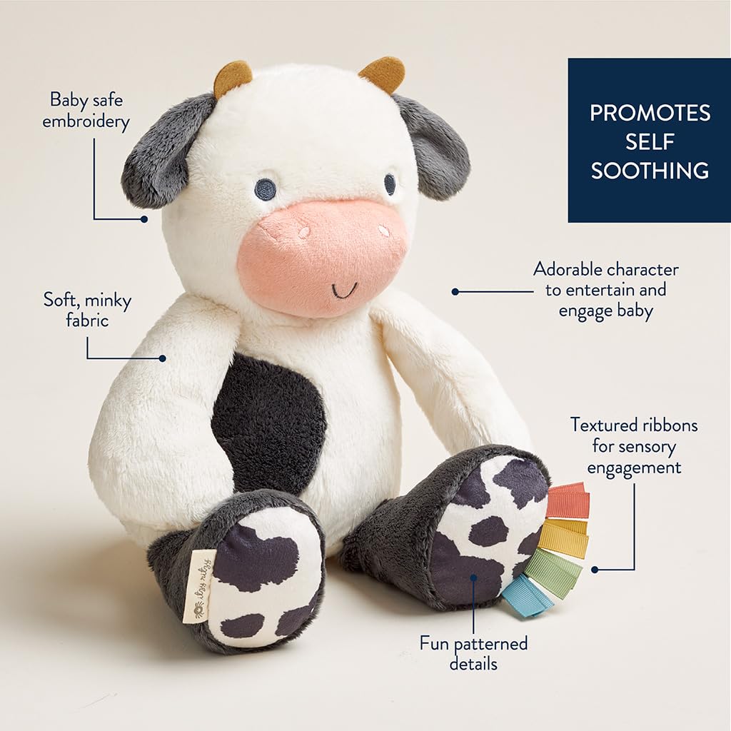 Itzy Ritzy Snuggles Plush Toy – Soft Stuffed Animal for Babies, Kids & Adults – Sensory Ribbons & Textured Fabrics for Tactile Play – Cozy & Cuddly Companion for Newborns & Up (Cow)