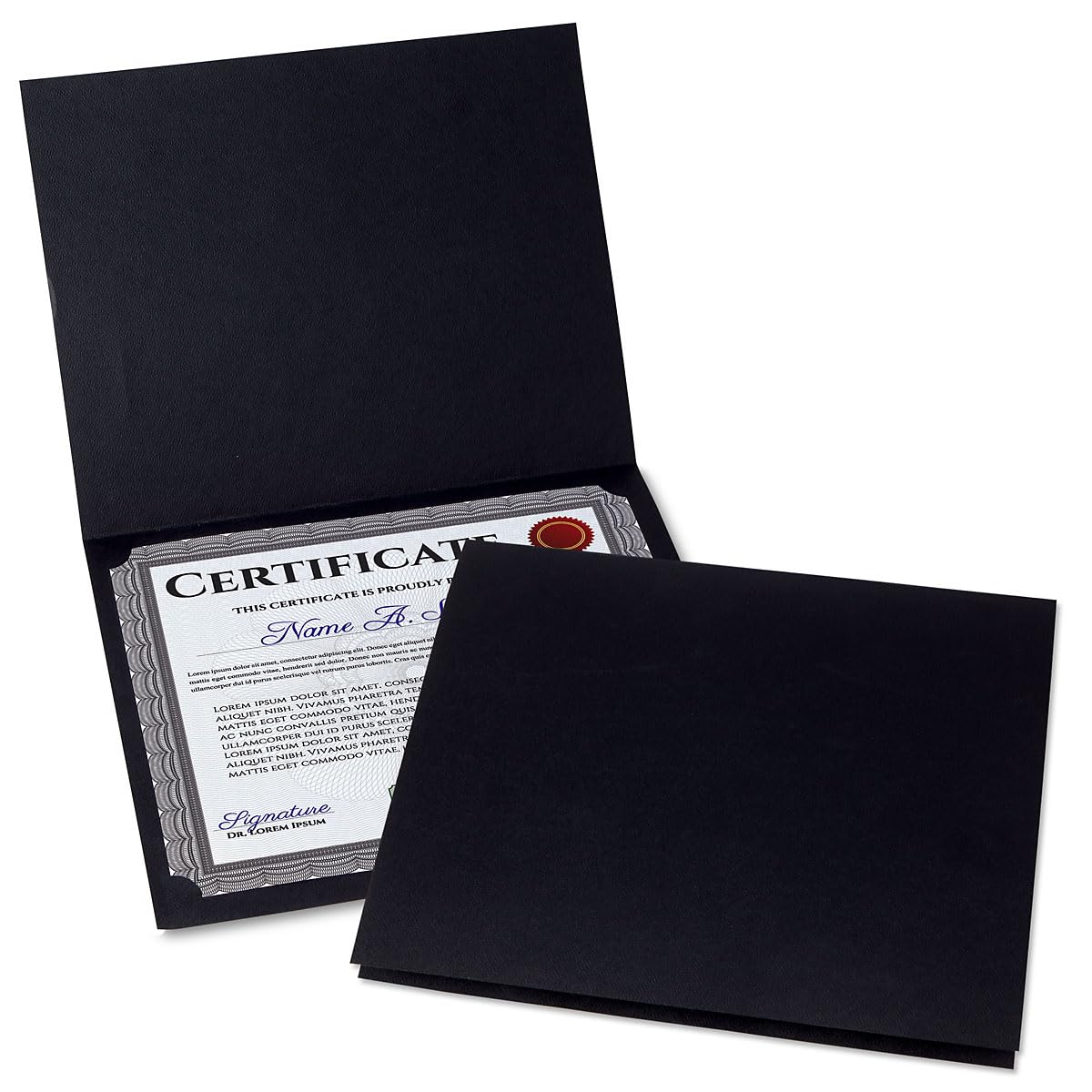 Photo 1 of Plain Black Certificate Folders - Pack of 10, Linen Cover 80 lb. Stock, Folded, Die-Cut Corners, for Office, Business Awards, Graduation, School Diploma Holder, 9-1/2" x 12"