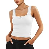Women's Square Neck Lace Patchwork Sleeveless Ribbed Trim Crop Cami Tank Y2K Tight Fitted Bow Shirts Top