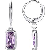 FOCALOOK Birthstone Drop Earrings for Women, 925 Sterling Silver Square Cubic Zirconia 10mm Small Huggie Hoop Earrings