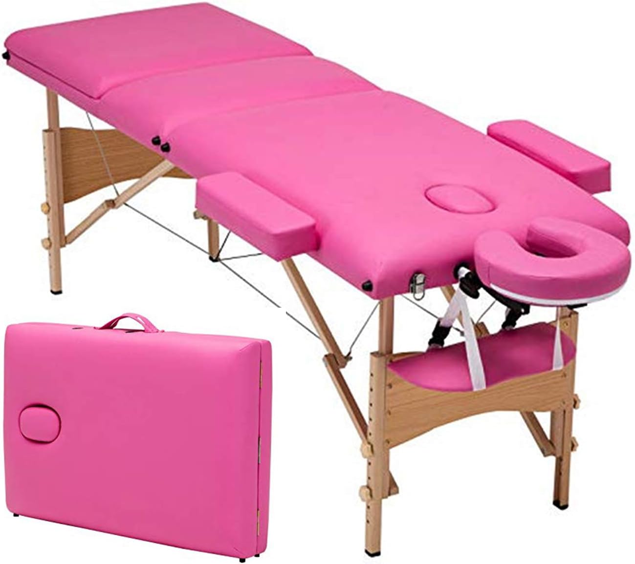 Folding Massage Table 84'' Professional Portable 3 Fold Facial Massage Bed Salon Spa Bed Adjustable PU Leather Fold with Free Carry Case Salon with Backrest Pink
