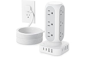 TENTREND Flat Plug Power Strip Tower 10FT, 40W Total Fast Charging Station, Dual PD 20W USB-C Surge Protector with 12 AC Outlets and 8 USB Ports (4 USB C), Long Extension Cord for Home Office Dorm Room