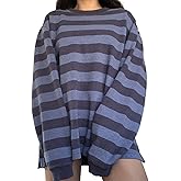 TUWIXIUW Striped Shirt Women Long Sleeve Y2k Crewneck Ribbed Knit Oversized Harajuku T-Shirt Gothic Pullover Streetwear