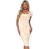 Allegra K Midi Ruched Dress for Women's Cocktail Bodycon Square Neck Printed Dresses