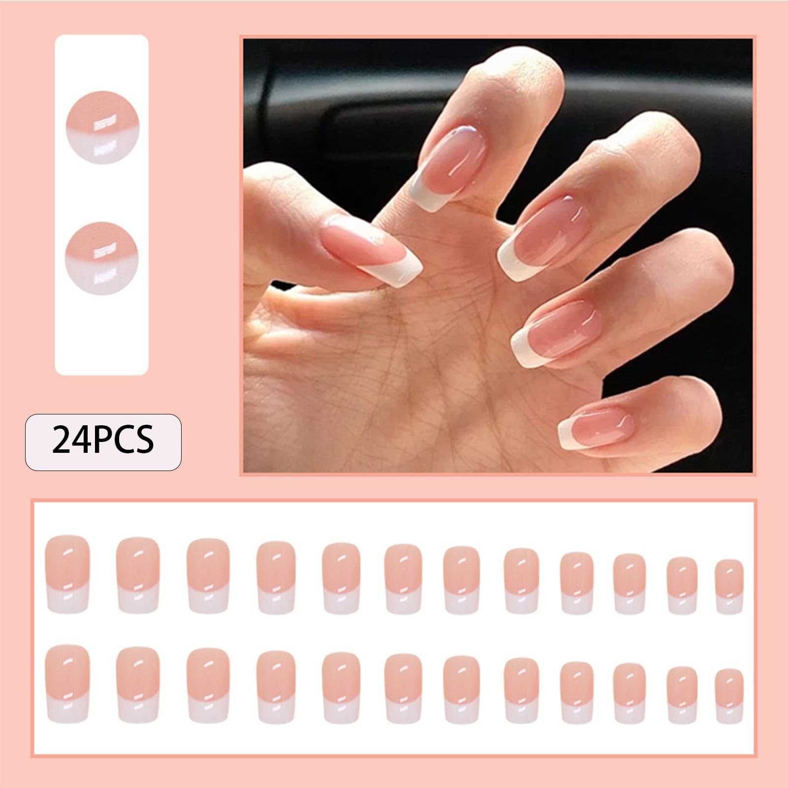 WAFOLOZE White French Tip Nails - Press On Medium Square Fake Nails 24PCs with Glossy Acrylic Finish - Image 2