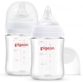 Pigeon Glass Baby Bottles Wide Neck, 5 Oz, Pack of 2 | Borosilicate Glass, Anti-Colic Bottle, Natural Feel, Safe Feeding, Easy to Clean, Includes 2pcs SS Nipples (0M+)