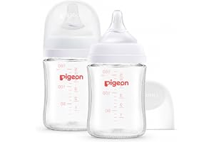Pigeon Glass Nursing Bottle Wide Neck, Anti-Colic, Streamlined Body, Natural Feel, Easy to Clean, Heat-Resistant, 5.4 Oz (Pack of 2), Includes 2pcs SS Nipples (0m+)